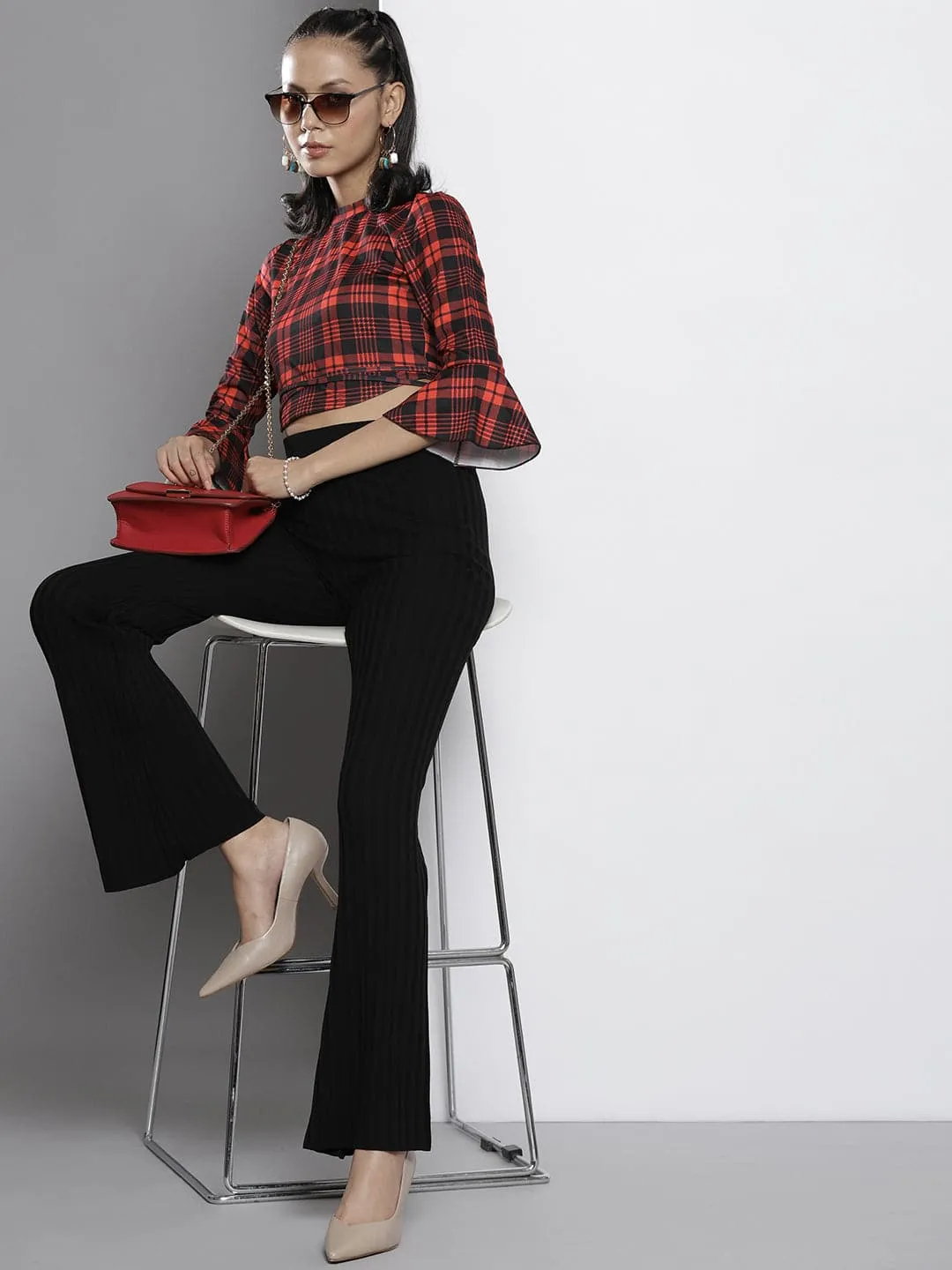 Women Red Check Knit High Neck Tie-Waist Crop Top