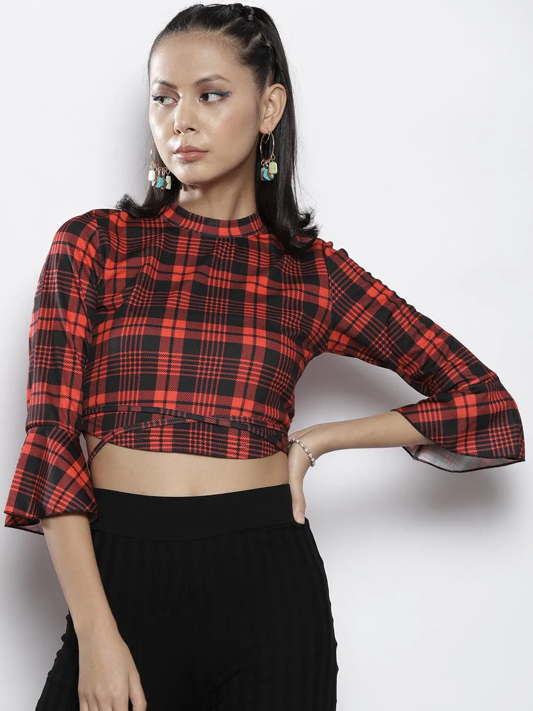 Women Red Check Knit High Neck Tie-Waist Crop Top