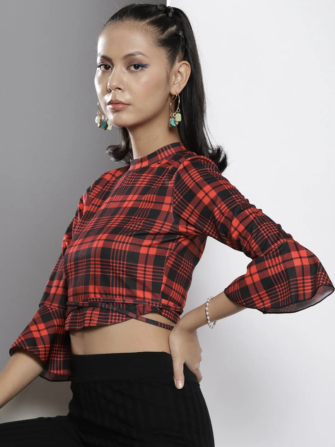 Women Red Check Knit High Neck Tie-Waist Crop Top