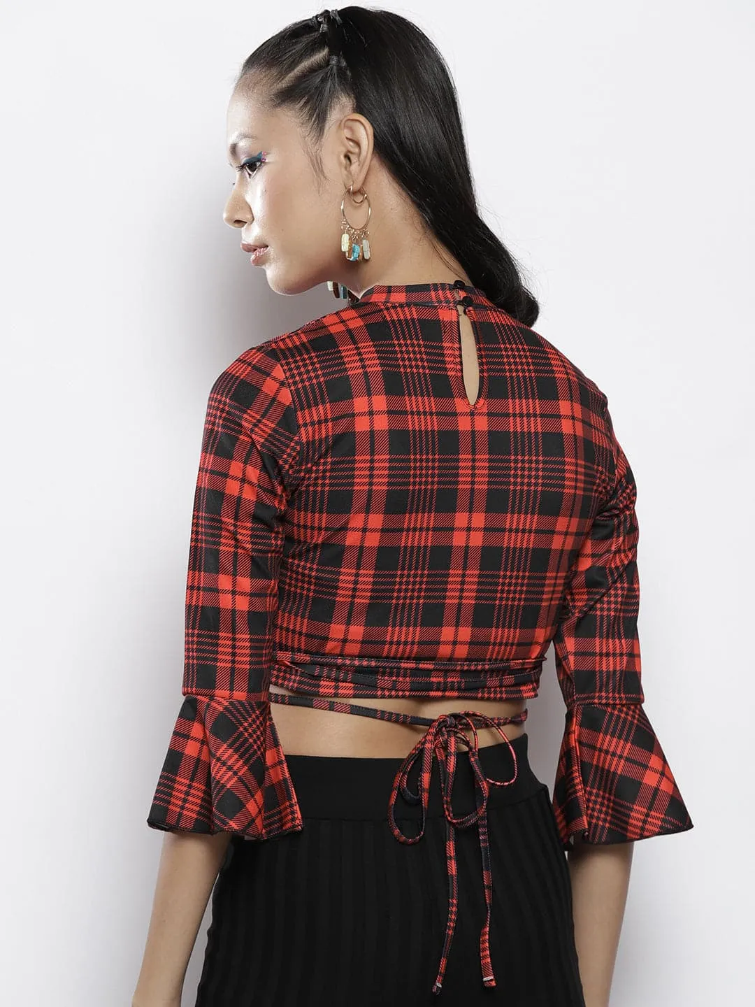 Women Red Check Knit High Neck Tie-Waist Crop Top