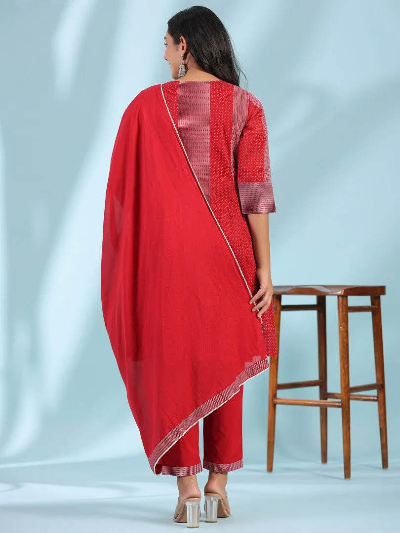 Women Red Cotton Voile Printed Kurta, Pants & Dupatta Set