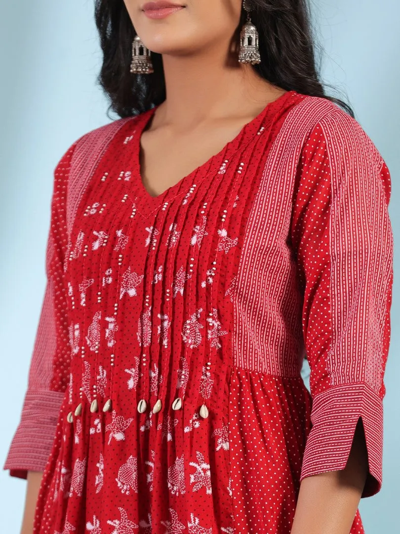 Women Red Cotton Voile Printed Kurta, Pants & Dupatta Set