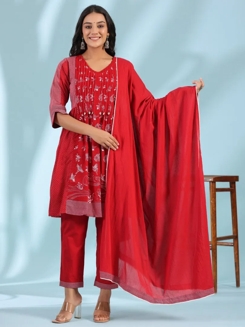 Women Red Cotton Voile Printed Kurta, Pants & Dupatta Set