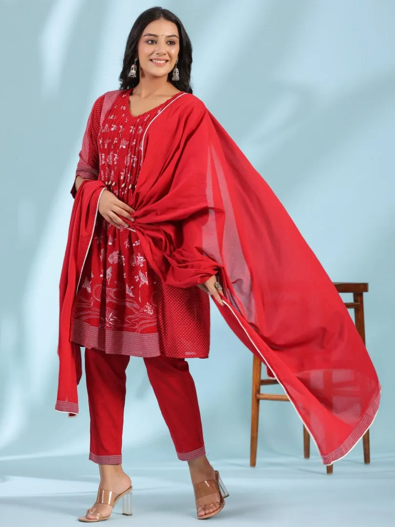 Women Red Cotton Voile Printed Kurta, Pants & Dupatta Set