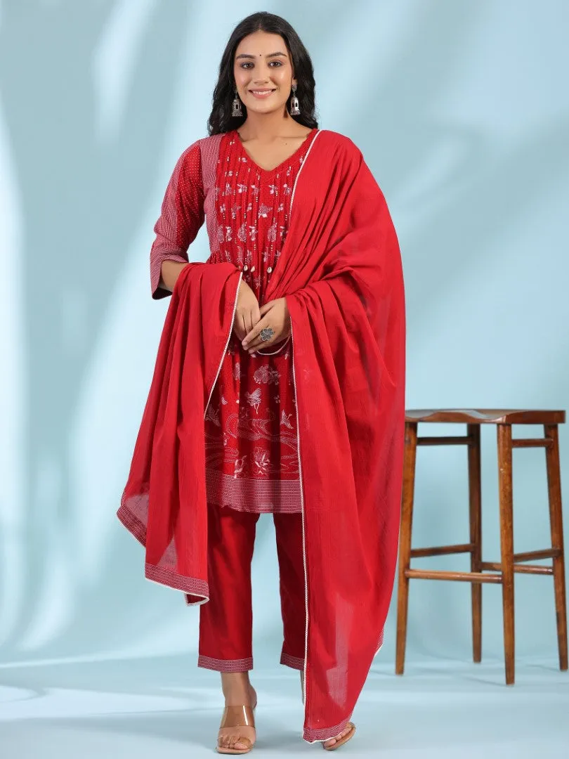 Women Red Cotton Voile Printed Kurta, Pants & Dupatta Set