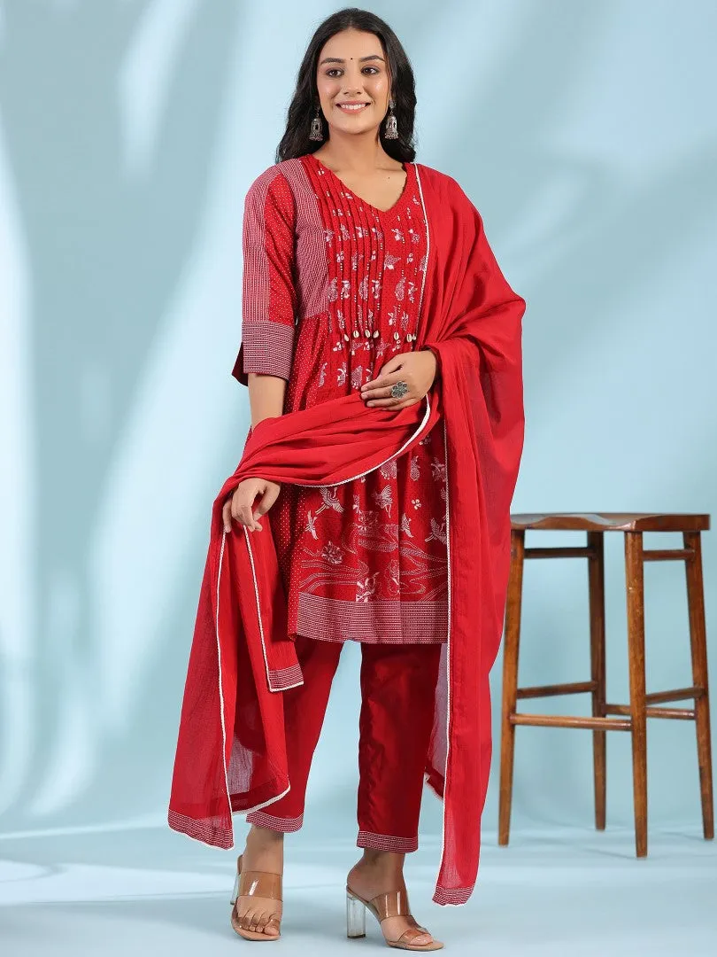 Women Red Cotton Voile Printed Kurta, Pants & Dupatta Set