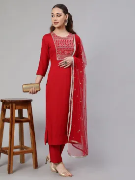 Women Red Embroidered Straight Kurta With Palazzo And Net Dupatta