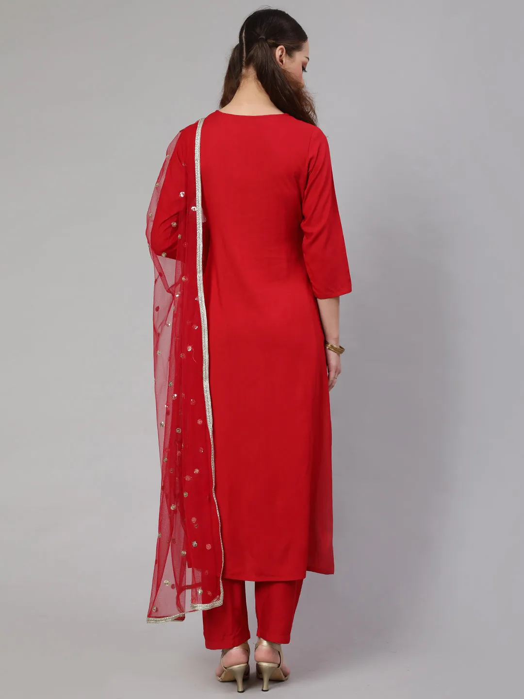 Women Red Embroidered Straight Kurta With Palazzo And Net Dupatta