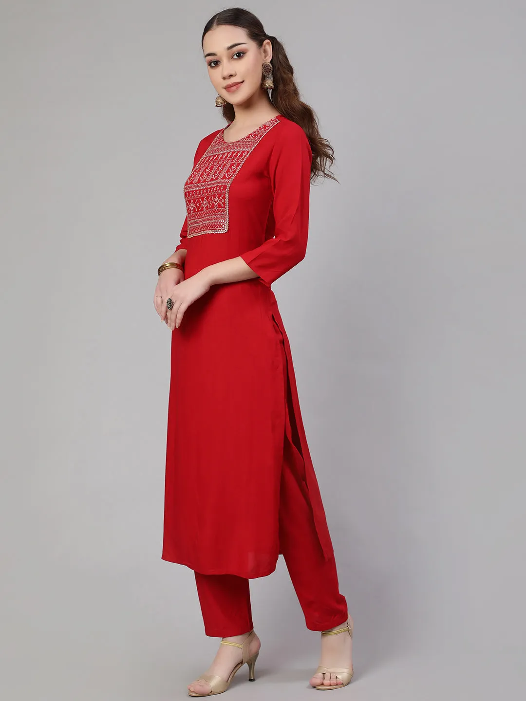 Women Red Embroidered Straight Kurta With Palazzo And Net Dupatta