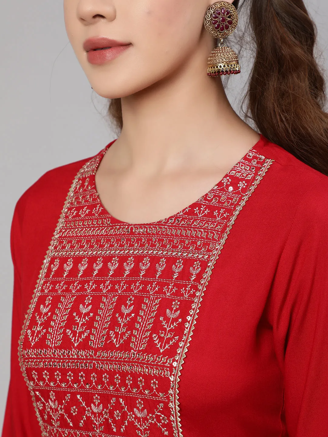 Women Red Embroidered Straight Kurta With Palazzo And Net Dupatta