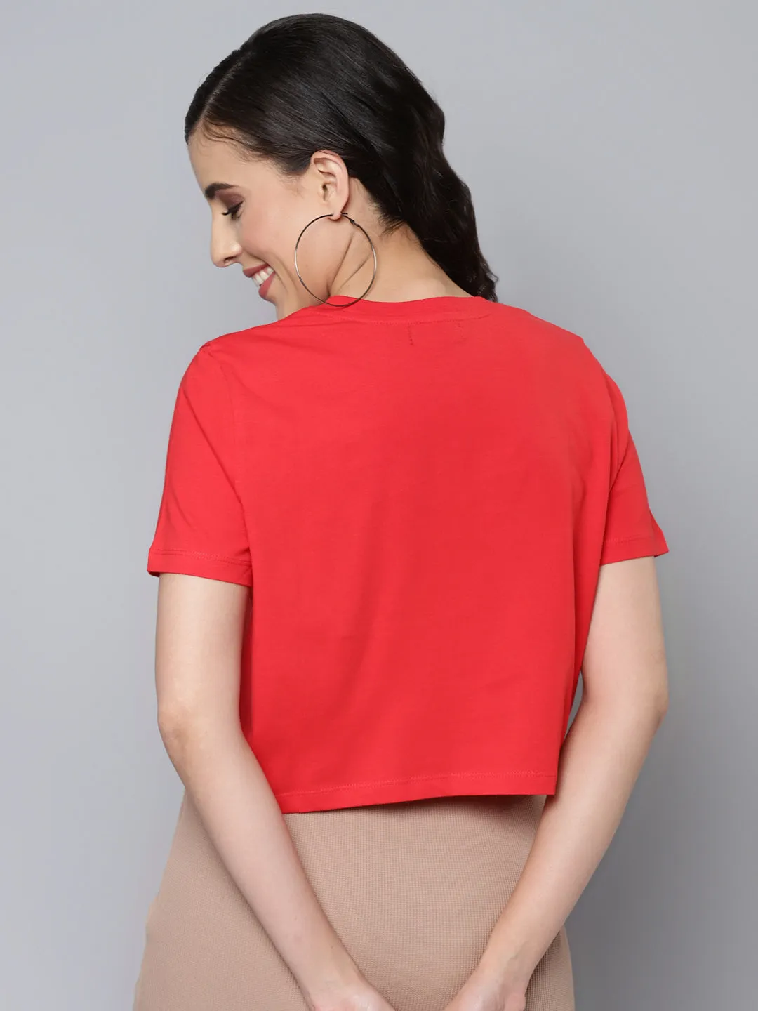 Women Red Flower Vase Boxy Crop T-Shirt