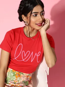 Women Red Love Foil Boxy Crop T-Shirt