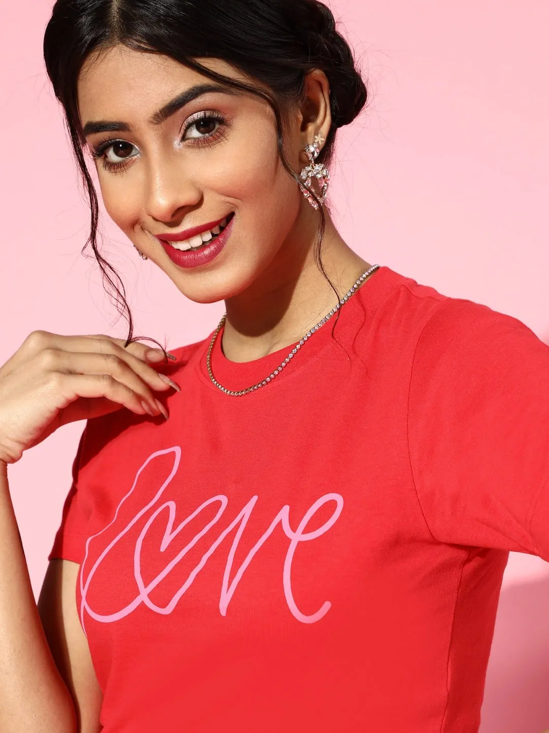 Women Red Love Foil Boxy Crop T-Shirt