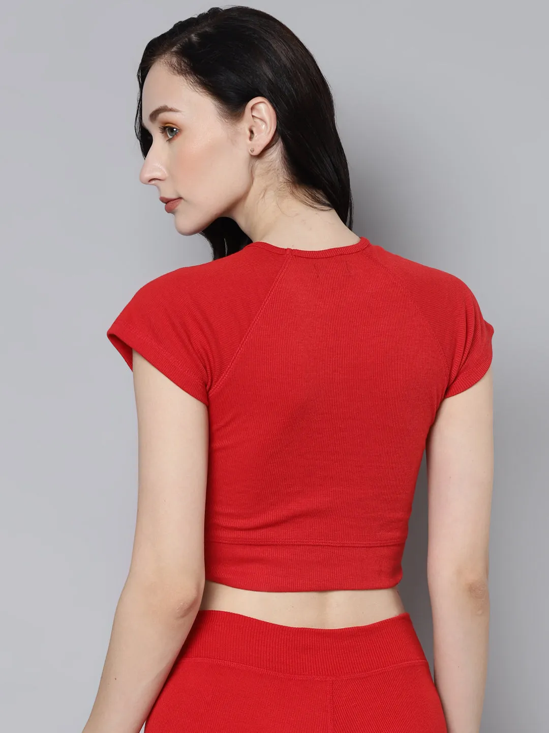 Women Red Rib Cap Sleeves Active Crop Top