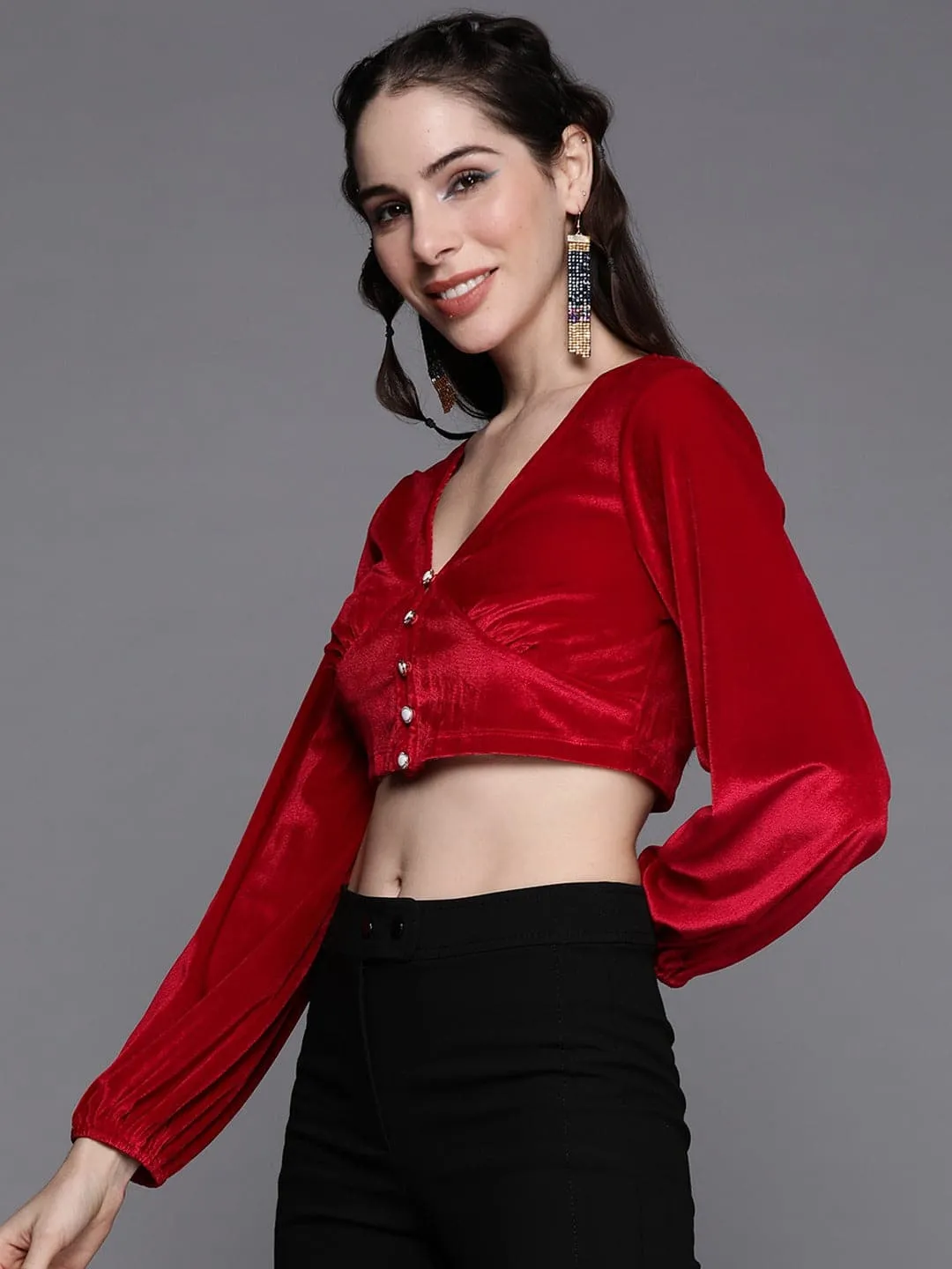 Women Red Velvet V-Neck Front Open Top