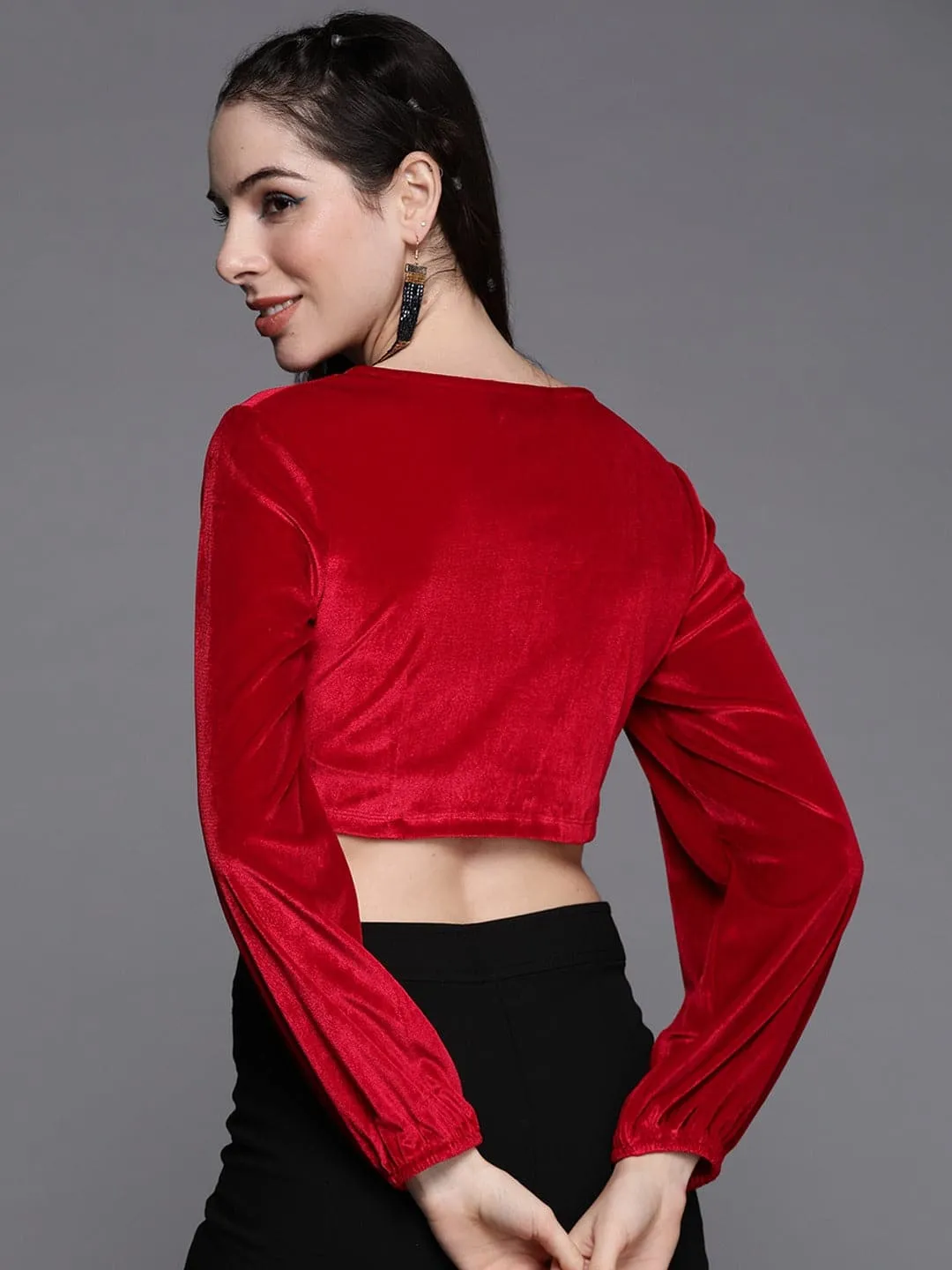 Women Red Velvet V-Neck Front Open Top