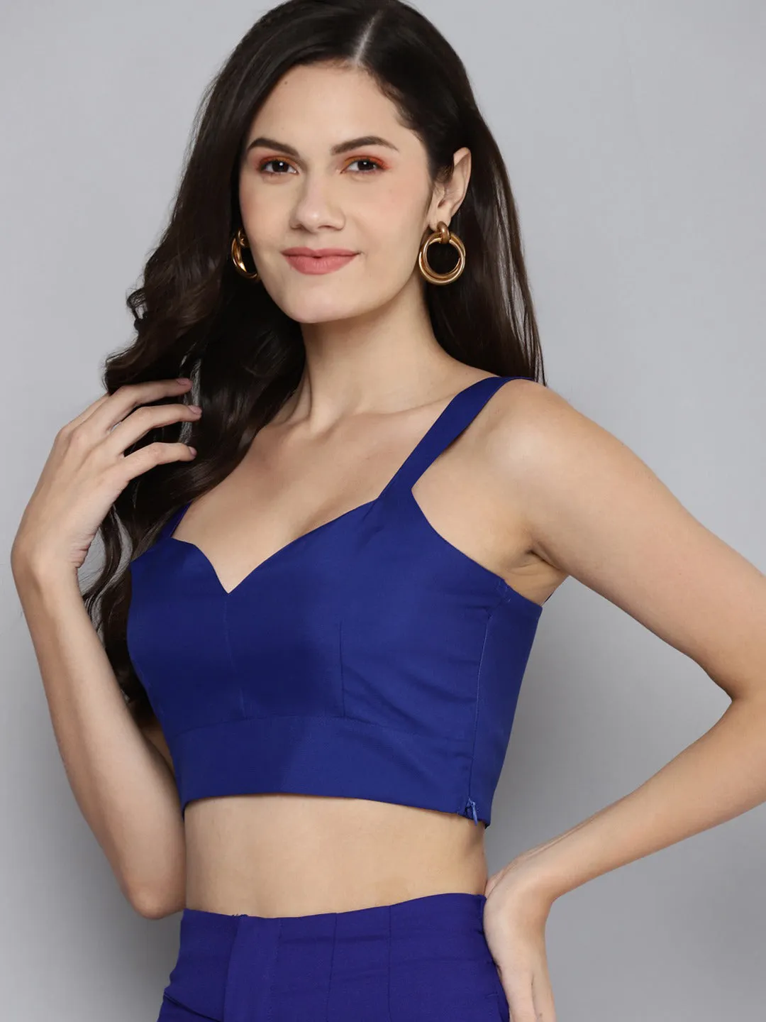 Women Royal Blue Sweetheart Neck Strappy Crop Top