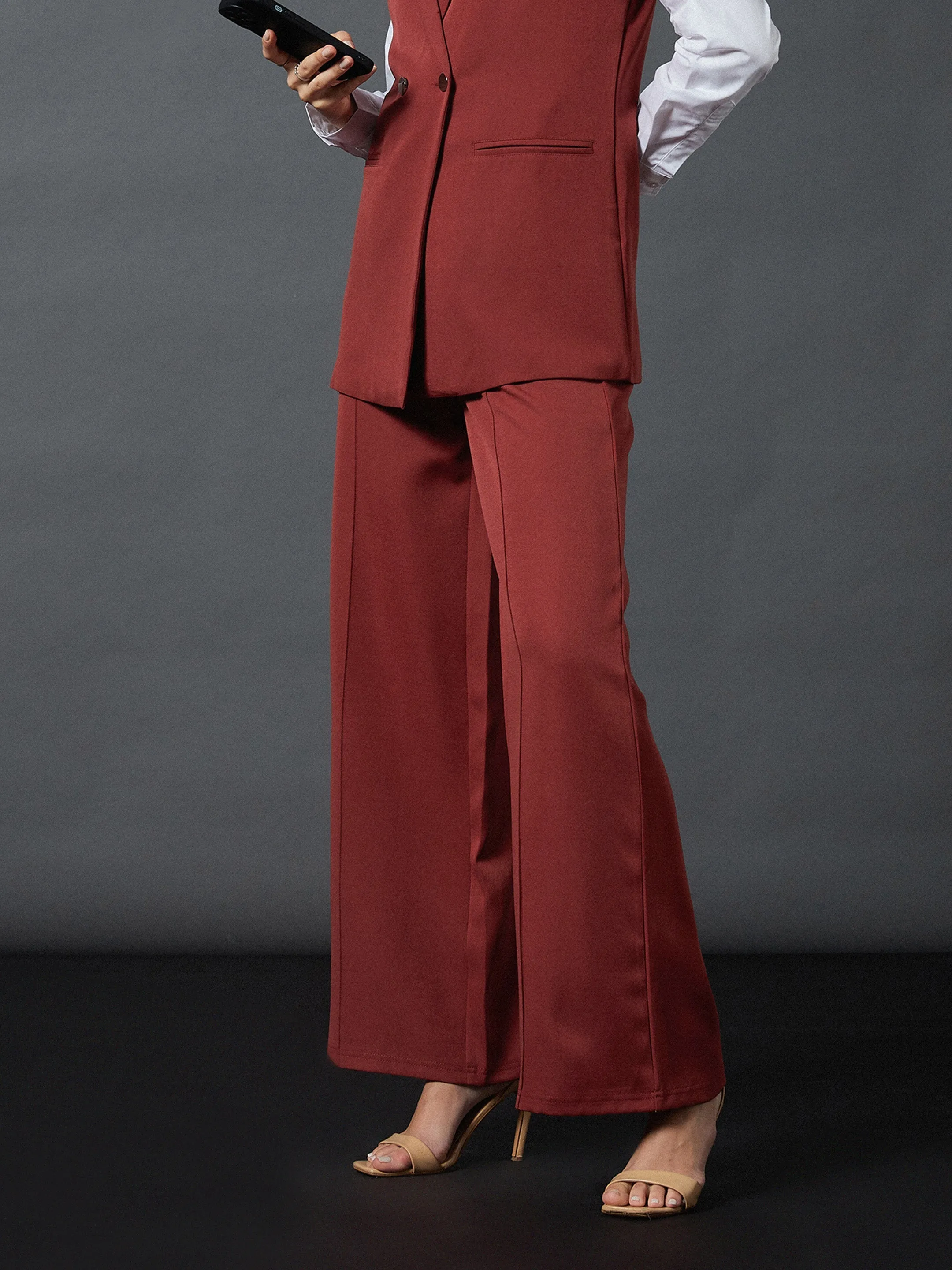 Women Rust Front Darted Palazzo Pants