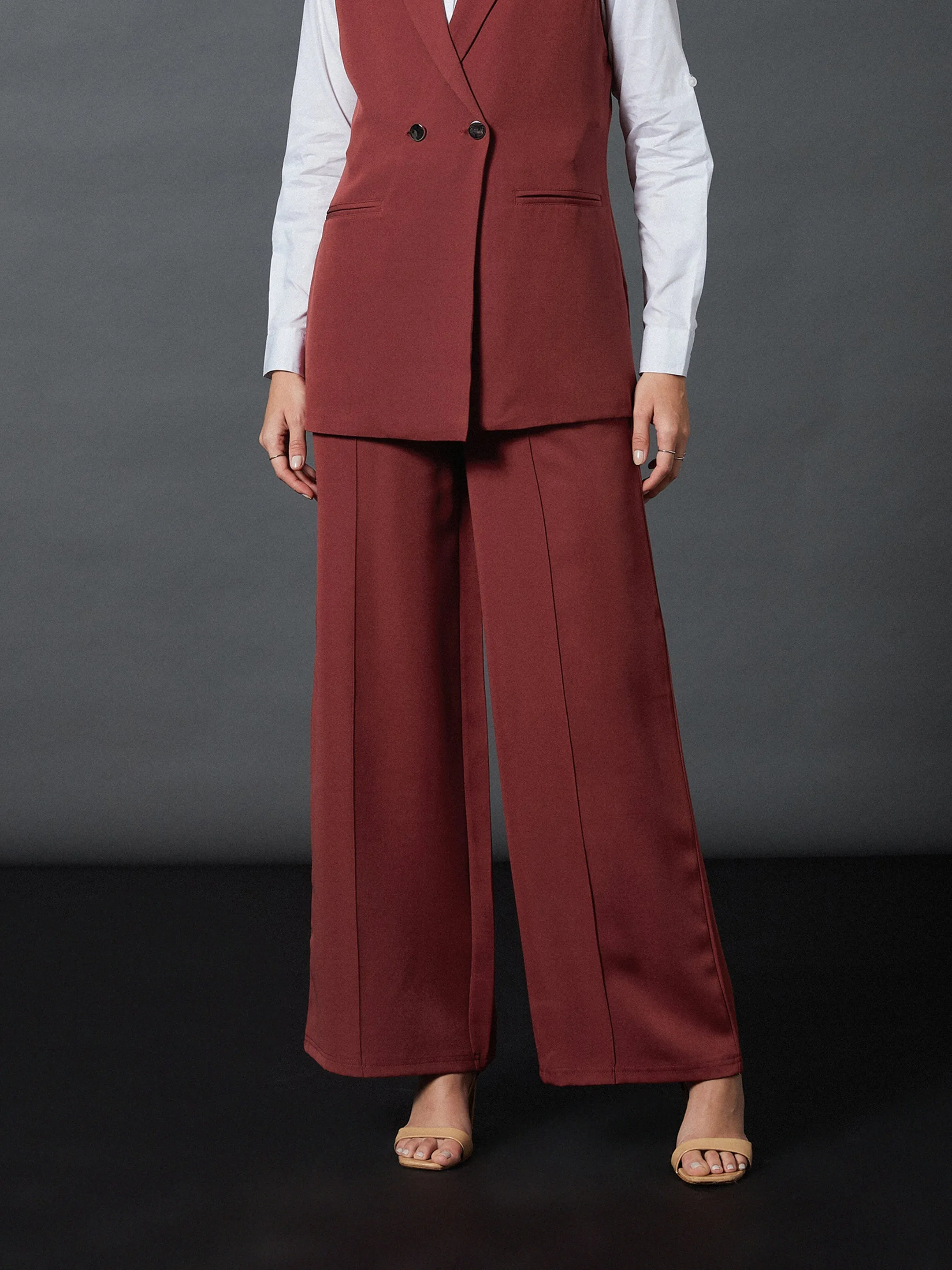 Women Rust Front Darted Palazzo Pants