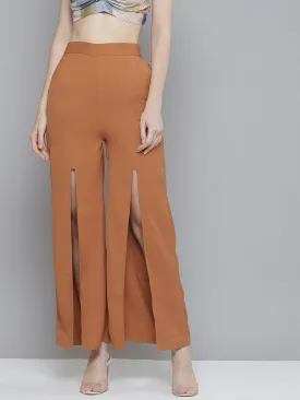 Women Rust Front Slit Wide Leg Pants