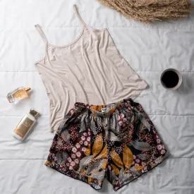 Women summer pajama set Beige top   Vintage Maroon Floral shorts