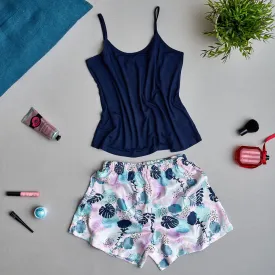 Women summer pajama set Dark blue top  Floral pattern shorts