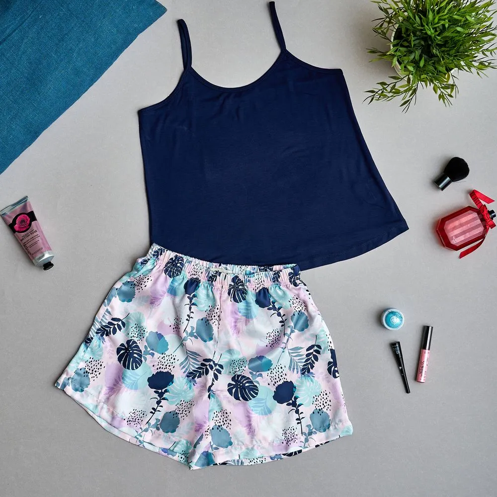 Women summer pajama set Dark blue top  Floral pattern shorts