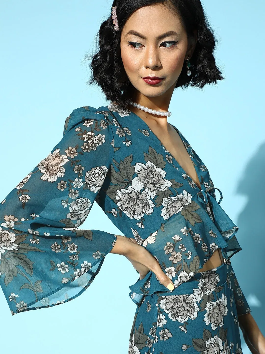 Women Teal Blue Floral Bell Sleeve Peplum Crop Top