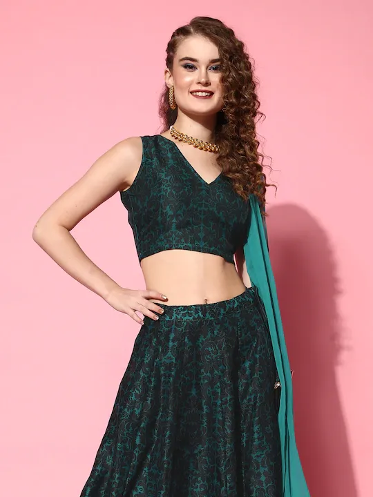 Women Teal Chanderi Floral Attached Dupatta Crop Top