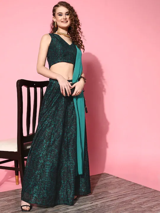 Women Teal Chanderi Floral Attached Dupatta Crop Top