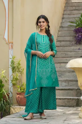 Women Teal Santoon  Kurta Set With Dupatta