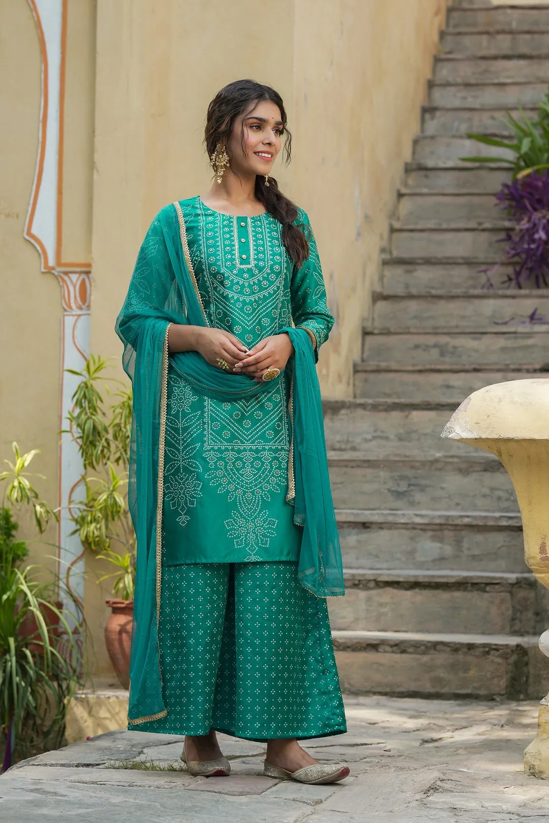 Women Teal Santoon  Kurta Set With Dupatta