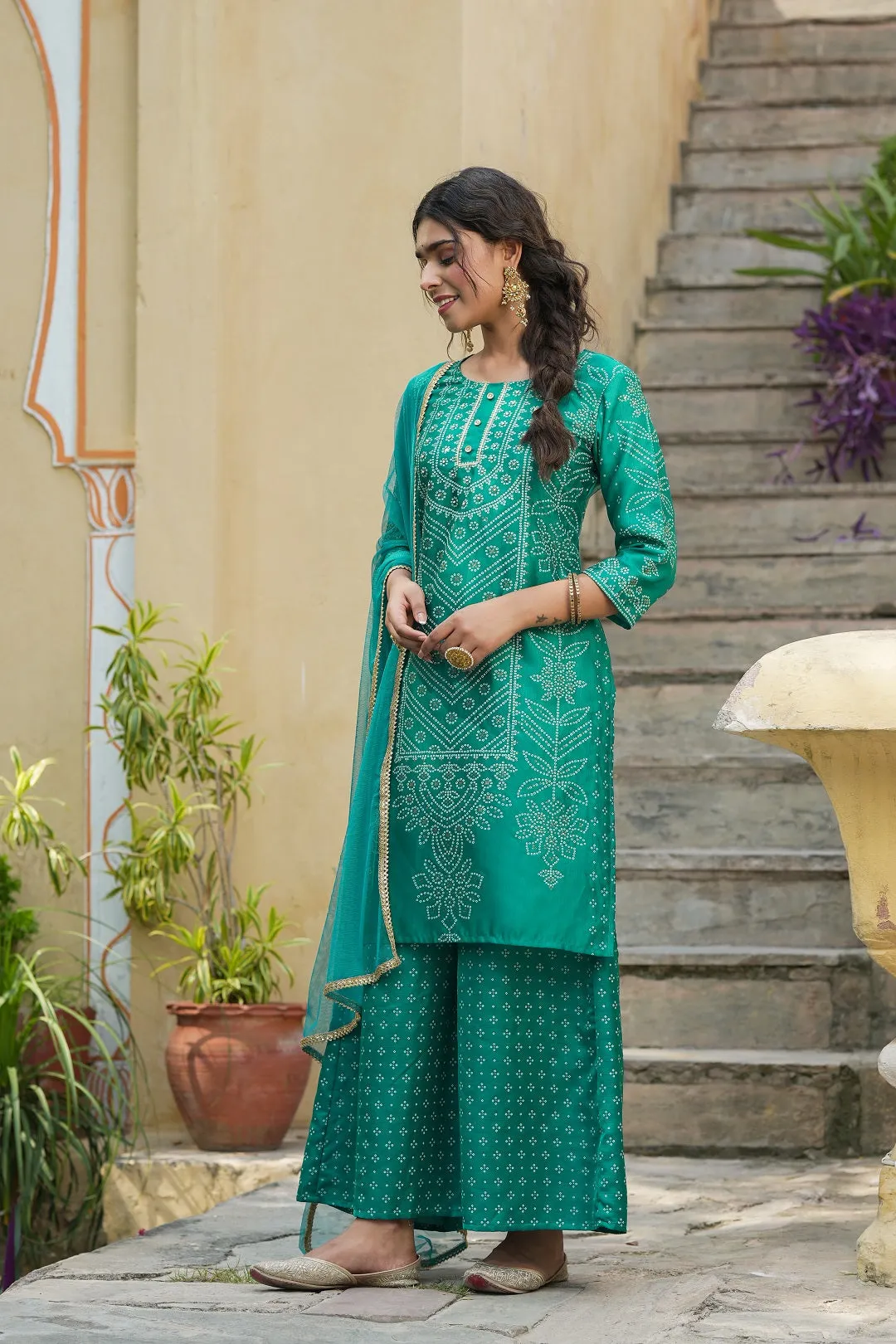 Women Teal Santoon  Kurta Set With Dupatta