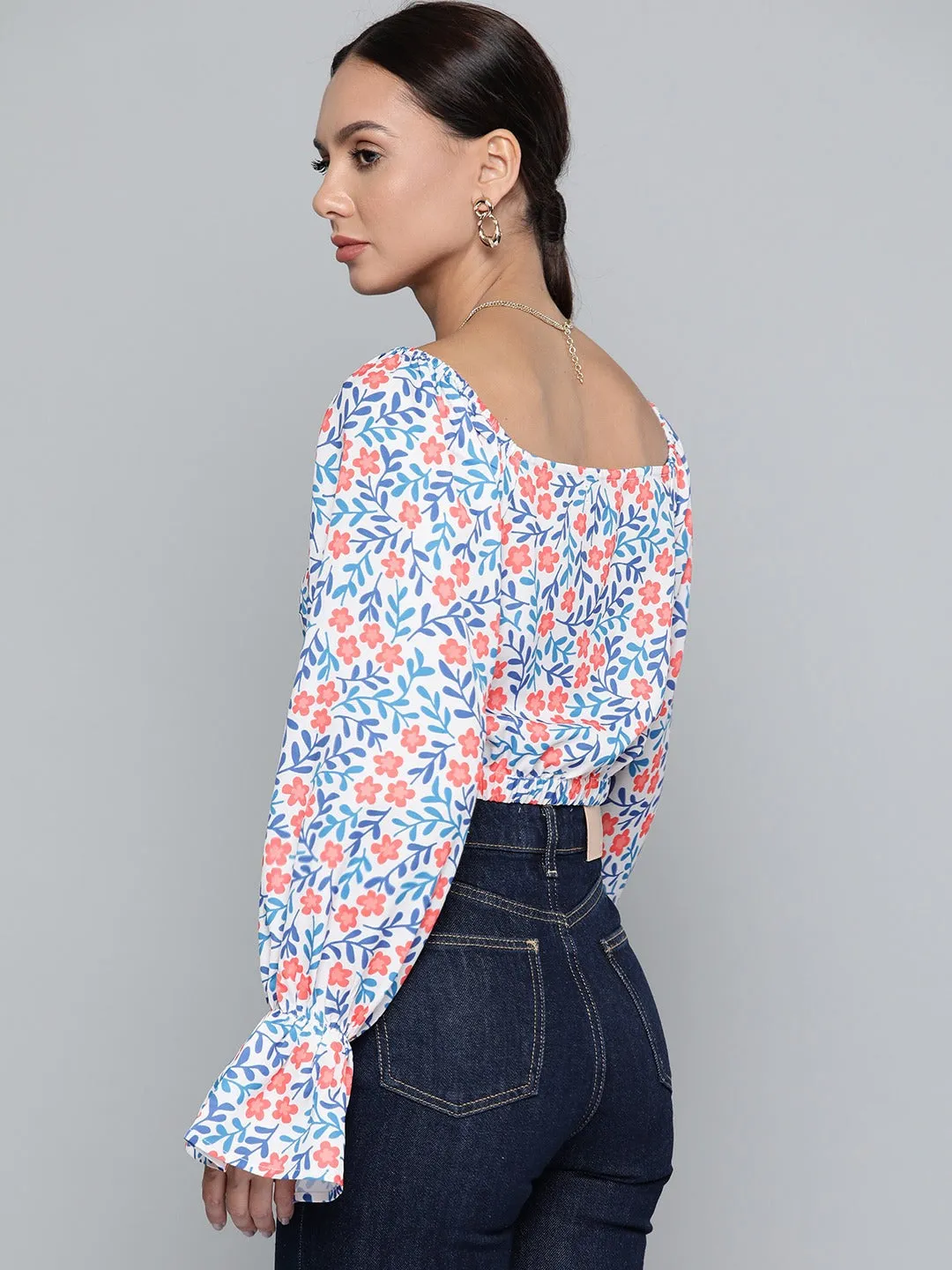 Women White Ditsy Floral Victorian Sleeve Crop Top