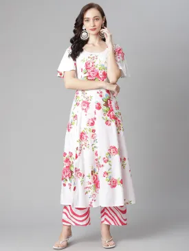 Women White-Red Cotton Print A-Line Kurta With Palazzoo