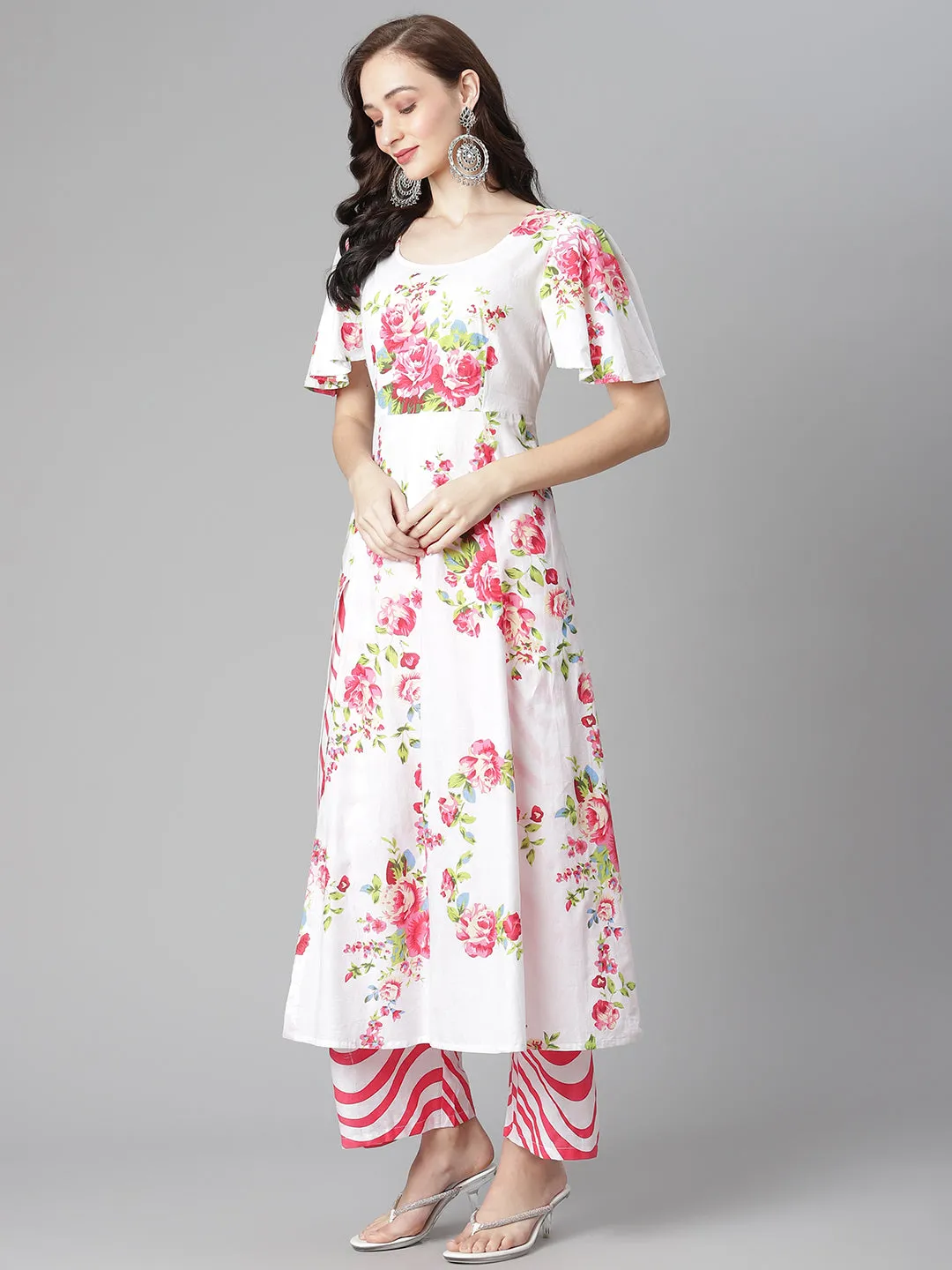 Women White-Red Cotton Print A-Line Kurta With Palazzoo