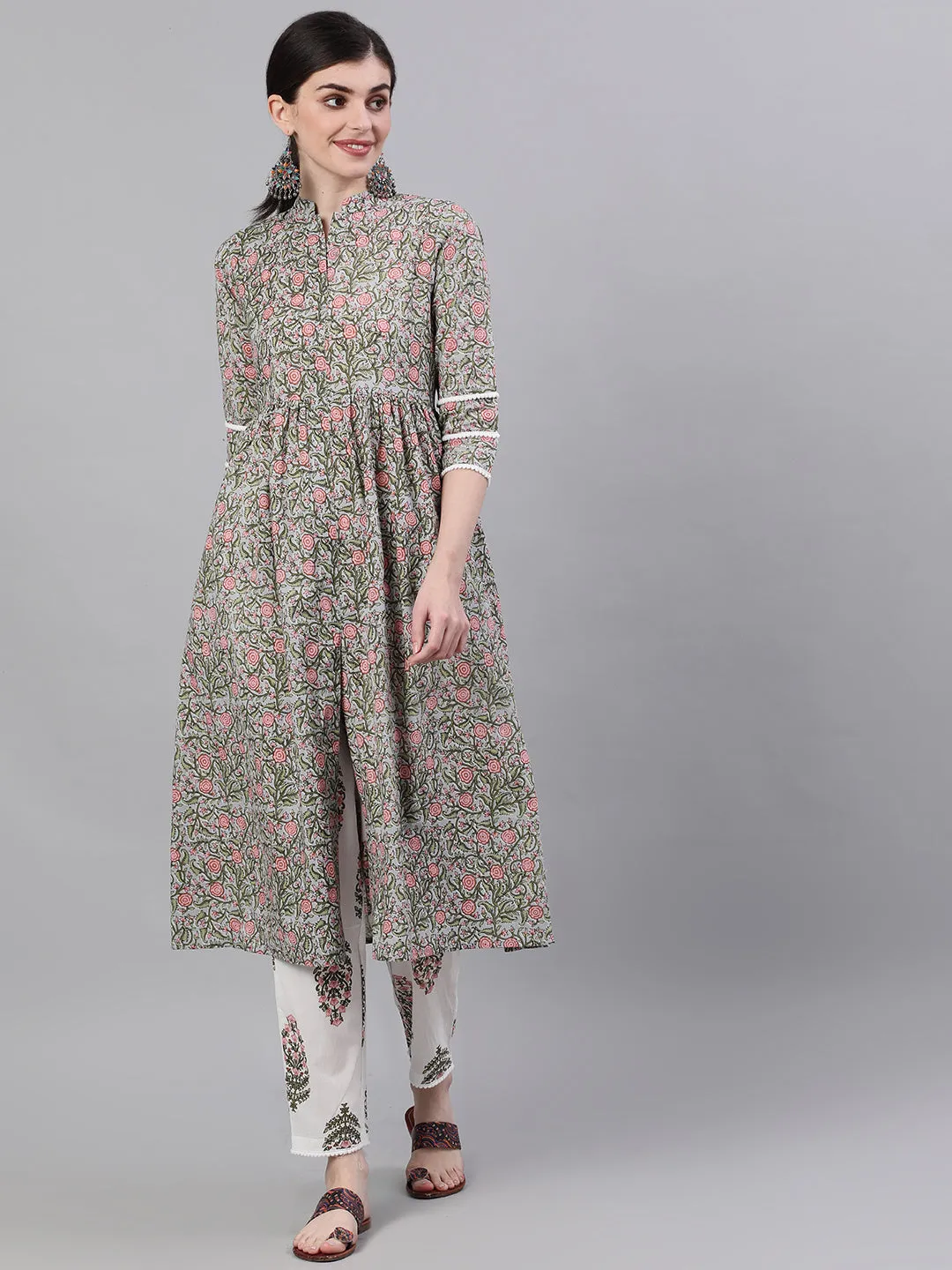 Women White Three-Quarter Sleeves Flared Kurta And Palazzo Set