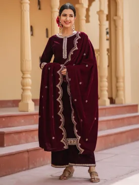 Women Women Dark Maroon Zari Work Velvet Straight Kurta Palazzo Dupatta Set