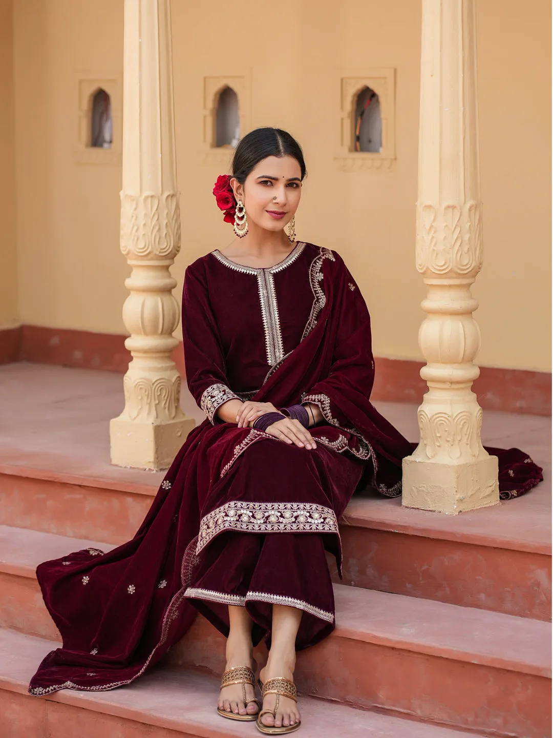 Women Women Dark Maroon Zari Work Velvet Straight Kurta Palazzo Dupatta Set