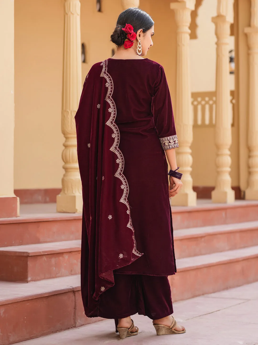 Women Women Dark Maroon Zari Work Velvet Straight Kurta Palazzo Dupatta Set