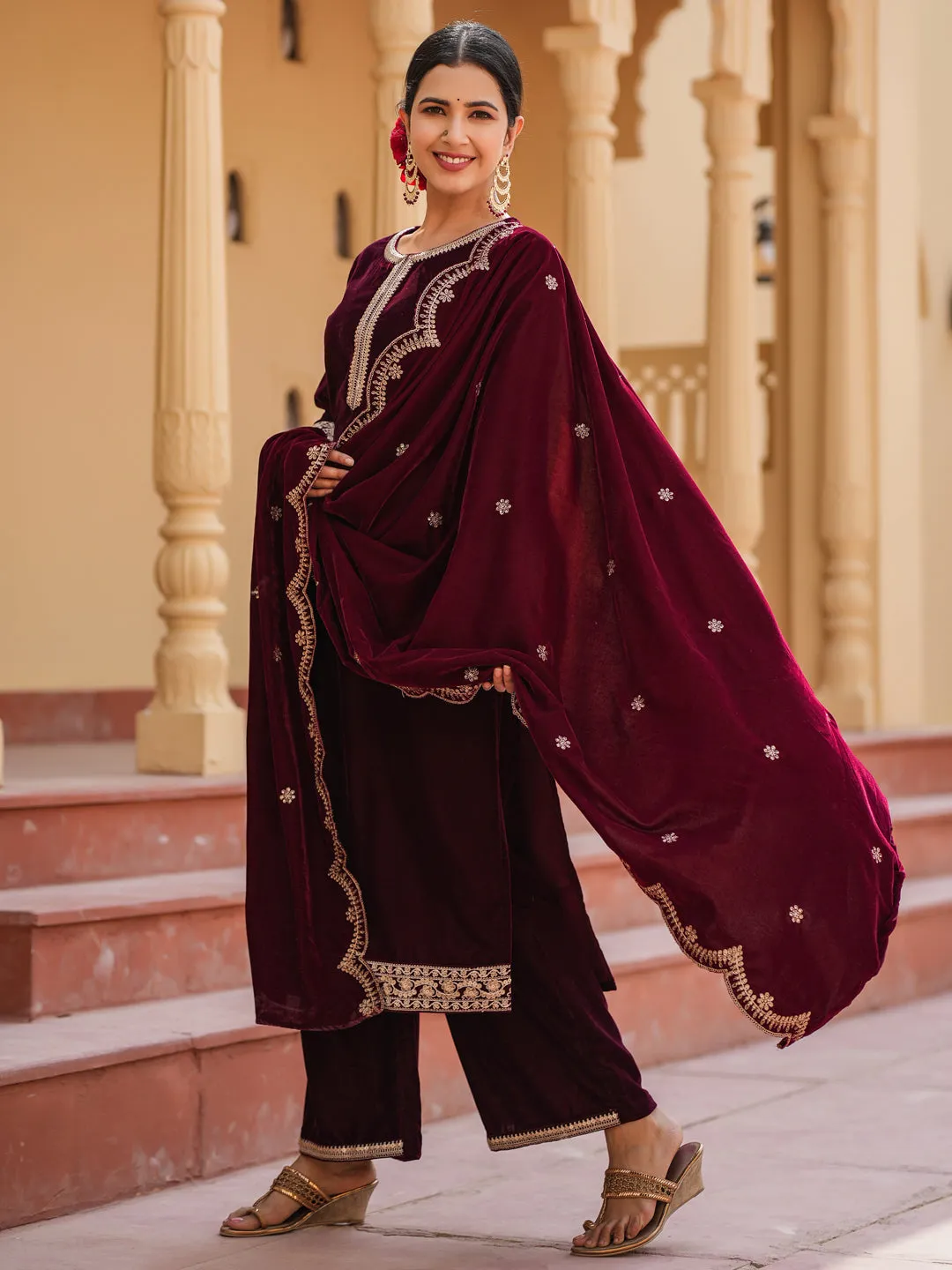 Women Women Dark Maroon Zari Work Velvet Straight Kurta Palazzo Dupatta Set