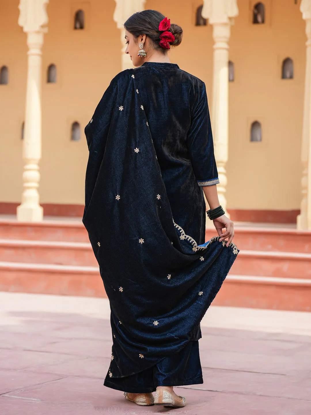 Women Women Teal Blue Zari Work Velvet Straight Kurta Palazzo Dupatta Set