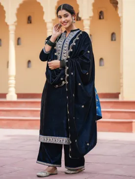 Women Women Teal Blue Zari Work Velvet Straight Kurta Palazzo Dupatta Set