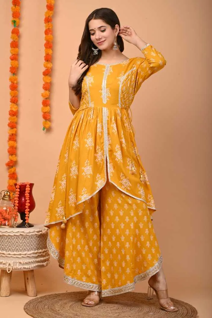 Women Yellow Kurta And Palazzo Set Rayon