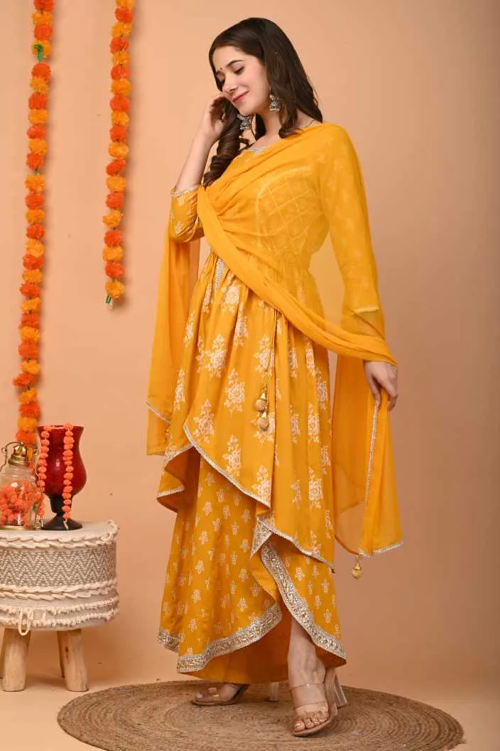 Women Yellow Kurta And Palazzo Set Rayon