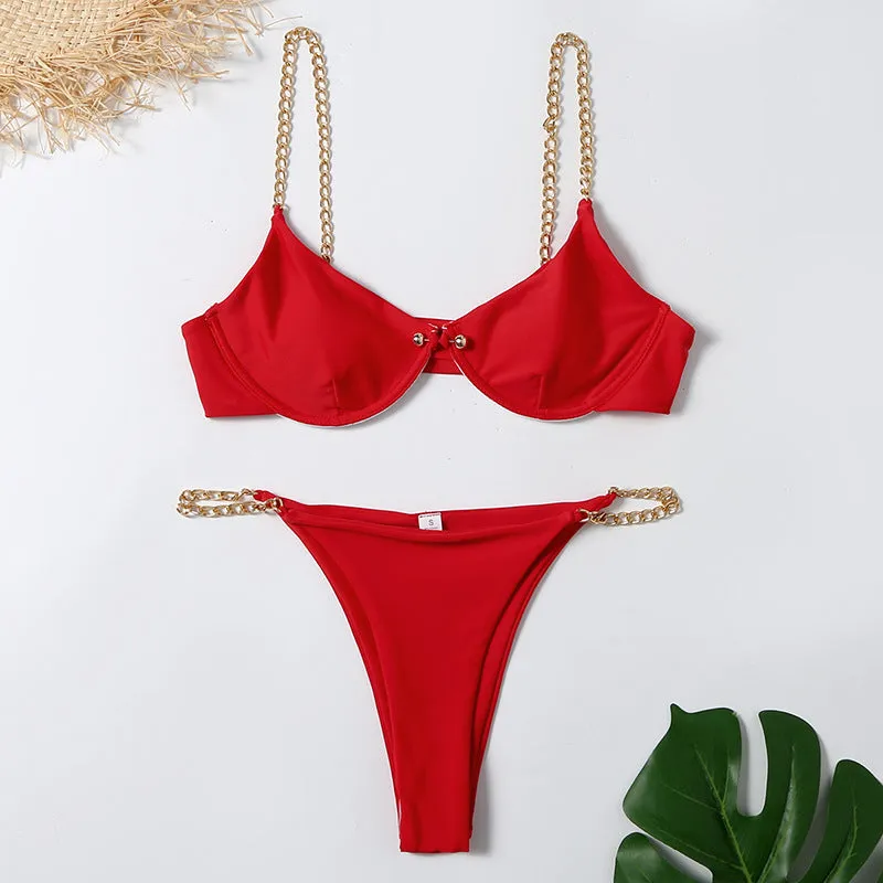 Women's Sexy Split Chain Solid Color Halter Strap Bikini Swimsuit Two Piece Swimwear Beachwear