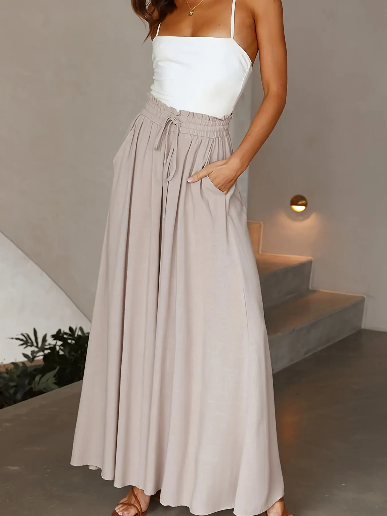 Women's Wide Leg Palazzo Flowy Ruffle Solid Pants